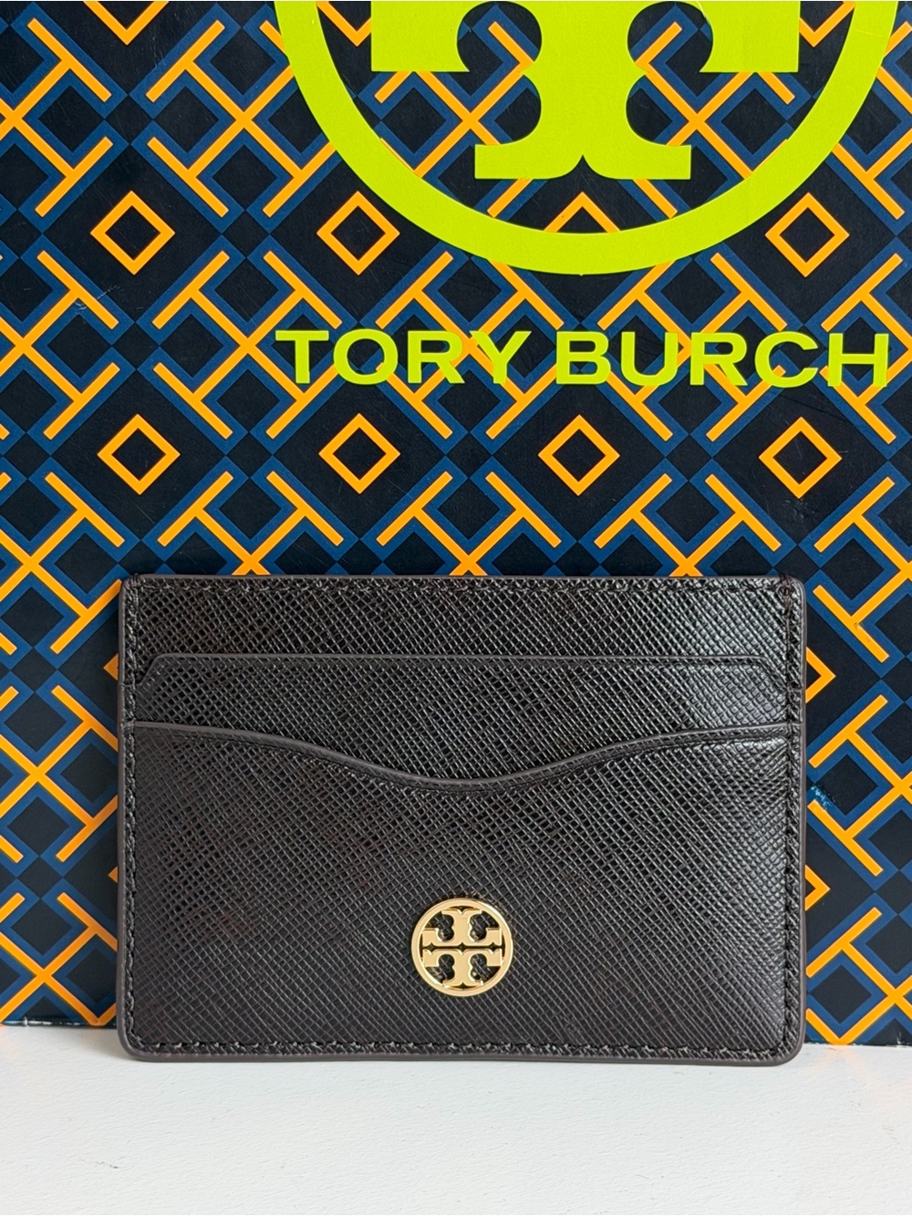 Tory Burch Cocoa Leather Card Holder with Gold Logo